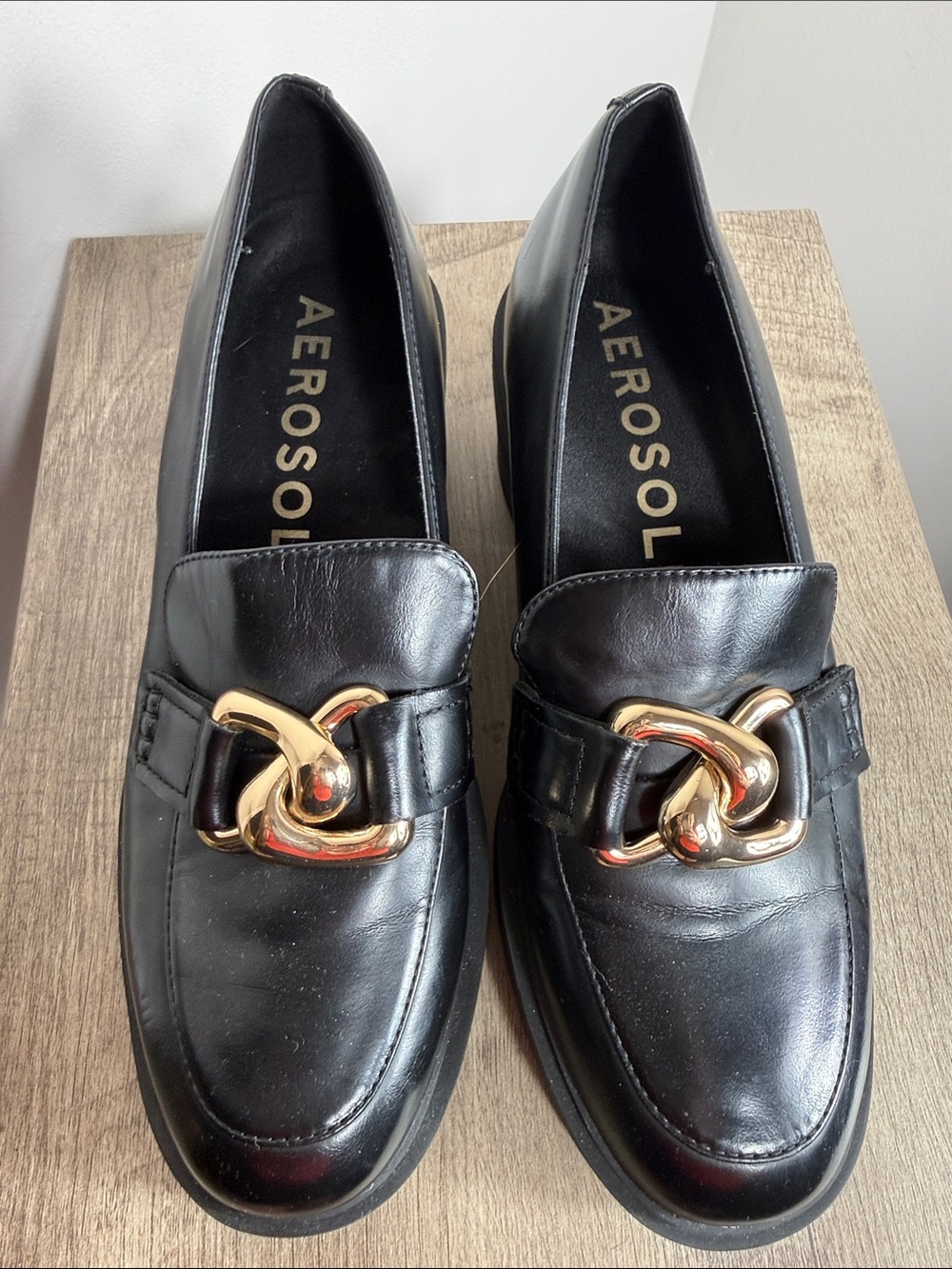 AEROSOLES Black faux Leather Loafers with Gold Chain Hardware